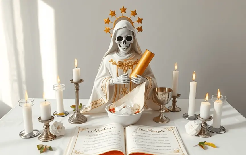 Novena a la Santa Muerte para Pedir un Favor: Estatua de la Santa Muerte con manto blanco y dorado, sosteniendo un pergamino dorado sobre un altar decorado con velas blancas encendidas, un bol de cristales y un libro abierto. Adornos incluyen flores blancas y elementos naturales.