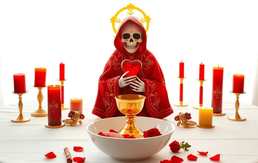 Novena a la Santa Muerte para el Amor: Figura de la Santa Muerte con manto rojo sosteniendo un corazón rojo, acompañada de velas en tonos rojos y dorados, con un cáliz dorado y un bol decorado con pétalos rojos en un altar blanco.