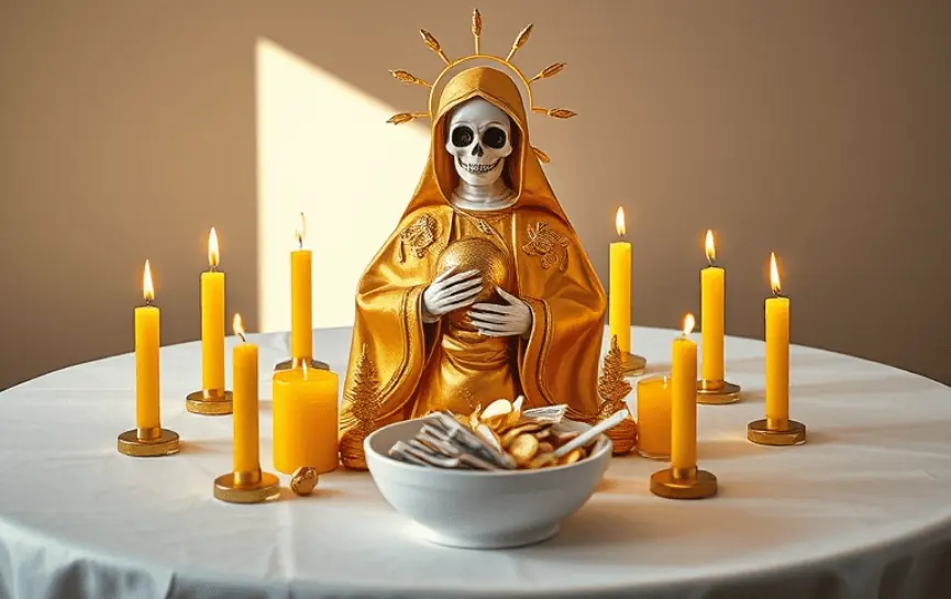 Novena a la Santa Muerte para el Dinero: Estatua de la Santa Muerte vestida con un manto dorado, sosteniendo un orbe dorado. El altar incluye un bol con monedas y billetes, decorado con velas amarillas encendidas en disposición circular.