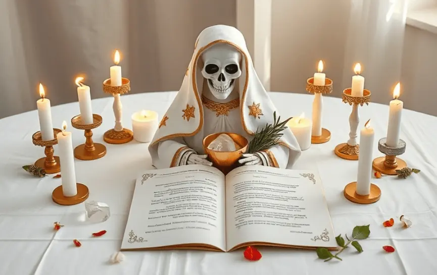 Novena a la Santa Muerte para la Salud: Estatua de la Santa Muerte con manto blanco y detalles dorados, sosteniendo un cáliz dorado con cristales y ramas verdes. El altar incluye un libro abierto, velas encendidas y pétalos de flores esparcidos.