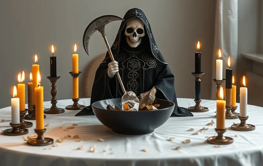 Novena de Fuego a la Santísima Muerte Negra: Figura de la Santa Muerte en manto negro con detalles en plata, sosteniendo una guadaña. Altar decorado con velas encendidas en colores negro, blanco y dorado, junto con un bol que contiene hojas secas, piedras y una esfera de cristal.