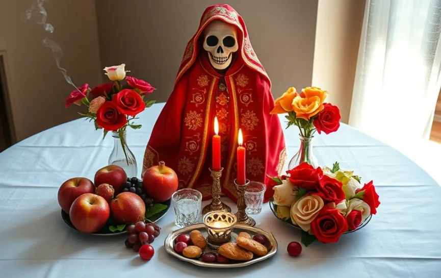 Ofrendas a la Santa Muerte.png: Estatua de la Santa Muerte vestida de rojo sobre un altar decorado con manzanas, uvas, rosas rojas y amarillas en floreros, velas encendidas y una bandeja con dulces acompañada de vasos con agua.