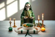 Oración Poderosa a la Santa Muerte Verde para Problemas Legales: Figura de la Santa Muerte con manto verde bordado, sosteniendo una balanza dorada, colocada sobre un altar blanco con un bol de frutas pequeñas y velas encendidas en tonos cálidos.