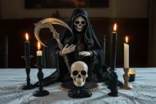 Oración Poderosa a la Santa Muerte para Alejar a una Persona: Figura de la Santa Muerte vestida de negro con detalles plateados, sosteniendo una guadaña. El altar tiene velas negras y blancas encendidas, un cráneo en la mesa y un pequeño ídolo oscuro.