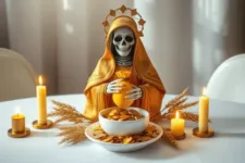 Oración Poderosa a la Santa Muerte para Atraer Clientes: Figura de la Santa Muerte con manto dorado, sosteniendo un saco de monedas doradas frente a un bol con monedas doradas, rodeada de espigas de trigo y velas amarillas encendidas en un altar blanco.