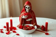 Oración Poderosa a la Santa Muerte para Atraer al Ser Amado: Estatua de la Santa Muerte Roja con un corazón rojo en sus manos, rodeada de pétalos rojos, velas encendidas y un pergamino atado con cinta roja, todo dispuesto en un altar blanco.