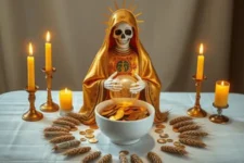 Oración Poderosa a la Santa Muerte para Atraer el Dinero: Estatua de la Santa Muerte Dorada con una esfera dorada en las manos, rodeada de monedas doradas, espigas de trigo, velas amarillas encendidas y un bol lleno de monedas sobre un altar blanco.