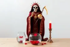 Oración Poderosa a la Santa Muerte para Dominar a Mi Esposo: Estatua de la Santa Muerte en manto rojo, sosteniendo un globo dorado, acompañada de dos velas (una amarilla y una roja) encendidas en candelabros dorados, junto a un recipiente de vidrio con pétalos rojos flotando en agua.