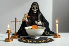 Estatua de la Santa Muerte en manto negro con detalles dorados, sosteniendo un cetro, rodeada de una balanza dorada y un recipiente blanco con una esfera anaranjada. Velas blancas y doradas decoran el altar sobre una mesa blanca adornada con granos negros.