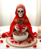 Oración Poderosa a la Santa Muerte para Dominar al ser Amado: Figura de la Santa Muerte con manto rojo, sosteniendo un corazón rojo sobre un bol con pétalos y sal rosada, rodeada de velas encendidas en un altar blanco decorado con detalles dorados y una rosa roja.