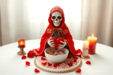 Oración Poderosa a la Santa Muerte para Dominar al ser Amado: Figura de la Santa Muerte con manto rojo, sosteniendo un corazón rojo sobre un bol con pétalos y sal rosada, rodeada de velas encendidas en un altar blanco decorado con detalles dorados y una rosa roja.