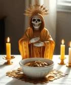 Oración Poderosa a la Santa Muerte para Ganar la Lotería: Figura de la Santa Muerte con manto dorado, sosteniendo un lingote de oro, colocada detrás de un bol lleno de monedas doradas en un altar decorado con velas amarillas encendidas y espigas doradas.