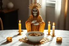 Oración Poderosa a la Santa Muerte para Ganar la Lotería: Figura de la Santa Muerte con manto dorado, sosteniendo un lingote de oro, colocada detrás de un bol lleno de monedas doradas en un altar decorado con velas amarillas encendidas y espigas doradas.