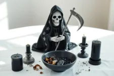 Oración Poderosa a la Santa Muerte para Olvidar un Amor: Una figura de la Santa Muerte Negra sosteniendo una guadaña, acompañada de un cuenco negro con elementos rituales en su interior. Rodean el altar velas negras encendidas sobre un fondo blanco.