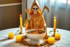 Oración Poderosa a la Santa Muerte para Pedir Dinero: Figura de la Santa Muerte Dorada sosteniendo una hoz, rodeada de velas amarillas, un bol lleno de monedas doradas y decoración de trigo sobre un altar blanco.