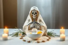 Oración Poderosa a la Santa Muerte para Pedirle Perdón: Figura de la Santa Muerte vestida con un manto blanco adornado con detalles dorados, sosteniendo una esfera de cristal sobre un bol decorado con pétalos amarillos y blancos, rodeada de velas encendidas en un altar blanco.