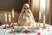 Oración Poderosa a la Santa Muerte para Quedar Embarazada: Figura de la Santa Muerte vestida de blanco y dorado, sosteniendo una pequeña figura de un bebé. Altar con velas blancas encendidas, pétalos rosados y un pergamino atado con cinta blanca.