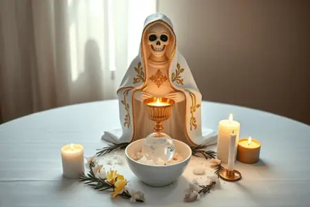 Oración a la Santa Muerte para la Salud de un Familiar 1 Oración Poderosa a la Santa Muerte para la Salud de un Familiar: Figura de la Santa Muerte vestida de blanco, sosteniendo un cáliz dorado y un cristal, rodeada de velas blancas y adornos de flores y ramas, en un altar decorado para peticiones de sanación.