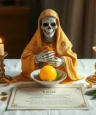 Oración Poderosa a la Santa Muerte para la Suerte: Figura de la Santa Muerte en manto dorado sosteniendo una esfera dorada, colocada sobre un altar con velas amarillas encendidas, hojas verdes y pétalos amarillos, acompañada de un bol con pétalos y una oración escrita.