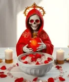 Oración Poderosa a la Santa Muerte para que Me Llame Rápido: Una figura de la Santa Muerte con manto rojo y detalles dorados, sosteniendo un corazón rojo. Frente a ella, un tazón blanco con pétalos de rosas rojas y una esfera dorada. Acompañan velas blancas y rojas encendidas sobre una mesa con pétalos decorativos.