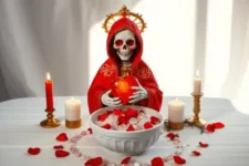 Oración Poderosa a la Santa Muerte para que Me Llame Rápido: Una figura de la Santa Muerte con manto rojo y detalles dorados, sosteniendo un corazón rojo. Frente a ella, un tazón blanco con pétalos de rosas rojas y una esfera dorada. Acompañan velas blancas y rojas encendidas sobre una mesa con pétalos decorativos.