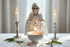 Oración Poderosa a la Santa Muerte para que Me Pida Perdón: Estatua de la Santa Muerte con manto blanco y detalles plateados, sosteniendo una esfera cristalina sobre un bol con pétalos de rosa, rodeada de velas blancas y hojas verdes en una mesa blanca.