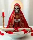 Oración Poderosa a la Santa Muerte para que Regrese Mi Esposo: Figura de la Santa Muerte vestida con un manto rojo con detalles dorados, rodeada de velas encendidas y pétalos de rosa. Enfrente, un bol con un pergamino enrollado y atado con una cinta roja.