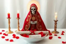 Oración Poderosa a la Santa Muerte para que Regrese Mi Esposo: Figura de la Santa Muerte vestida con un manto rojo con detalles dorados, rodeada de velas encendidas y pétalos de rosa. Enfrente, un bol con un pergamino enrollado y atado con una cinta roja.