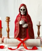 Oración Poderosa a la Santa Muerte para que Regrese Mi Ex: Figura de la Santa Muerte vestida con manto rojo decorado con detalles dorados. Altar con velas encendidas, un pergamino enrollado atado con una cinta roja, pétalos de rosa y elementos simbólicos como canela y flores.