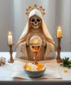 Oración Poderosa a la Santa Muerte para que Todo Salga Bien: Estatua de la Santa Muerte vestida de blanco con detalles dorados, sosteniendo un cáliz dorado frente a un altar con un bol lleno de sal y pétalos amarillos. Velas encendidas y decoraciones naturales completan el escenario.