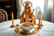 Oración Poderosa a la Santísima Muerte para Pedir Éxito en mi Negocio: Estatua de la Santa Muerte con manto dorado y corona, sosteniendo una moneda de oro frente a un bol lleno de monedas doradas, decorada con velas encendidas en un altar blanco con detalles de trigo.