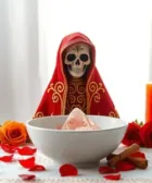 Oración Poderosa a la Santísima Muerte para que Regrese el Ser Amado: Imagen de la Santa Muerte vestida con un manto rojo adornado con detalles dorados. Altar con velas encendidas, un bol blanco con piedras rosadas, pétalos de rosa rojos y ramas de canela, simbolizando el amor y la pasión.