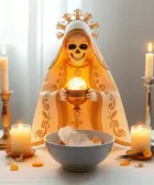 Oración Poderosa de Petición a la Santa Muerte: Imagen de la Santa Muerte vestida en blanco con adornos dorados, sosteniendo un cáliz dorado con una esfera transparente. Acompañada de velas encendidas y un bol con flores y pétalos amarillos sobre un altar.