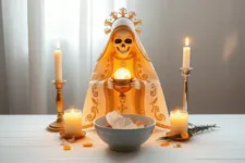 Oración Poderosa de Petición a la Santa Muerte: Imagen de la Santa Muerte vestida en blanco con adornos dorados, sosteniendo un cáliz dorado con una esfera transparente. Acompañada de velas encendidas y un bol con flores y pétalos amarillos sobre un altar.