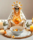 Oración Poderosa de la Mañana a la Santísima Santa Muerte: Figura de la Santa Muerte con manto blanco decorado con detalles dorados, sosteniendo un globo dorado frente a un bol con pétalos amarillos y blancos, rodeada de velas encendidas y adornos de espigas y hojas verdes en un altar blanco.