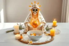 Oración Poderosa de la Mañana a la Santísima Santa Muerte: Figura de la Santa Muerte con manto blanco decorado con detalles dorados, sosteniendo un globo dorado frente a un bol con pétalos amarillos y blancos, rodeada de velas encendidas y adornos de espigas y hojas verdes en un altar blanco.