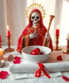 Oración Poderosa del Desespero y Manso Cordero a la Santa Muerte: Figura de la Santa Muerte en manto rojo decorado con detalles dorados, sosteniendo un corazón rojo y un bastón dorado. Altar con velas encendidas, un bol con corazones rojos, pétalos de rosa y un pergamino con la oración.