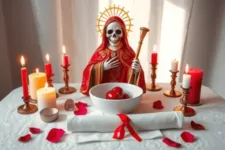 Oración Poderosa del Desespero y Manso Cordero a la Santa Muerte: Figura de la Santa Muerte en manto rojo decorado con detalles dorados, sosteniendo un corazón rojo y un bastón dorado. Altar con velas encendidas, un bol con corazones rojos, pétalos de rosa y un pergamino con la oración.