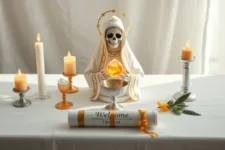 Oración Poderosa para Darle la Bienvenida a la Santa Muerte: Figura de la Santa Muerte vestida de blanco con detalles dorados, sosteniendo un cáliz brillante con un resplandor dorado. Altar con velas blancas y doradas encendidas, un pergamino enrollado con un lazo dorado y flores amarillas esparcidas.