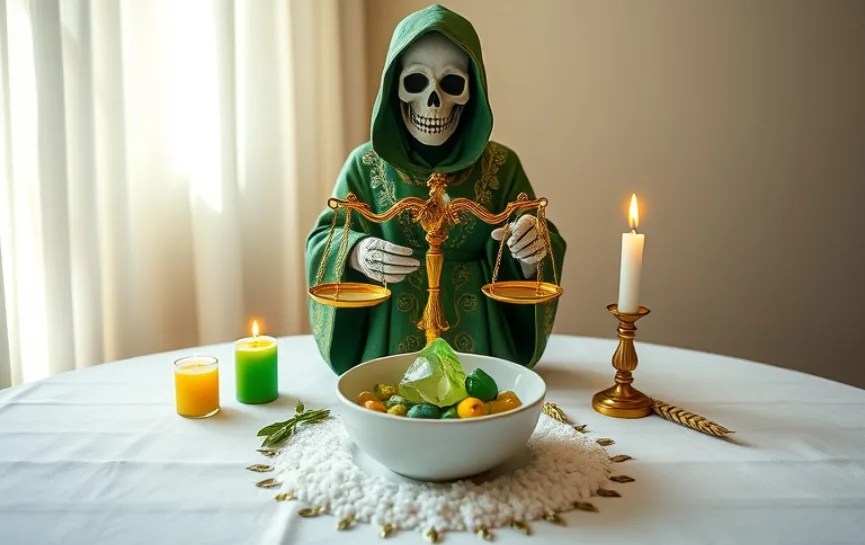 Oración a la Santa Muerte Verde para Problemas Legales: Estatua de la Santa Muerte vestida con manto verde decorado con detalles dorados, sosteniendo una balanza dorada sobre un altar blanco con un bol de frutas pequeñas y rodeada de velas encendidas en tonos cálidos.