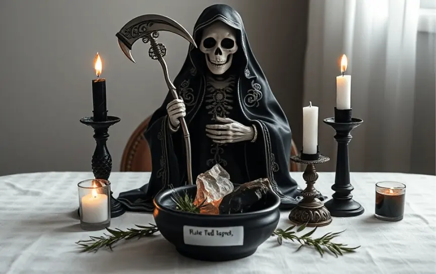 Oración a la Santa Muerte para Alejar a una Persona: Estatua de la Santa Muerte con túnica negra y detalles bordados, sosteniendo una guadaña. El altar incluye velas negras y blancas, un bol con piedras oscuras y cristales, junto con una etiqueta con inscripciones místicas.