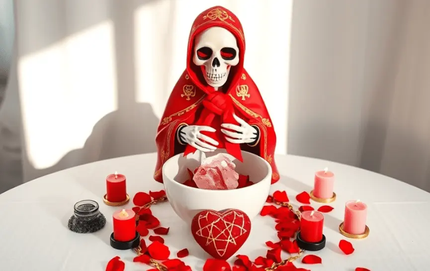 Oración a la Santa Muerte para Amarrar
Figura de la Santa Muerte Roja sosteniendo un listón, con un bol blanco lleno de un corazón rosado. El altar está decorado con pétalos rojos, velas pequeñas y un corazón de tela con un símbolo esotérico bordado.