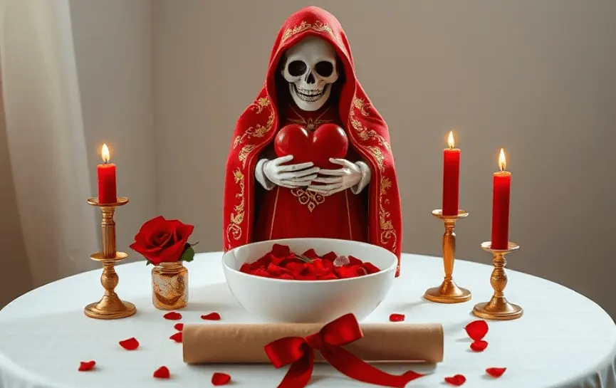 Oración a la Santa Muerte para Atraer al Ser Amado:
Figura de la Santa Muerte Roja sosteniendo un corazón, frente a un recipiente con pétalos rojos, decorada con velas rojas encendidas y una rosa roja en un altar sencillo y elegante.