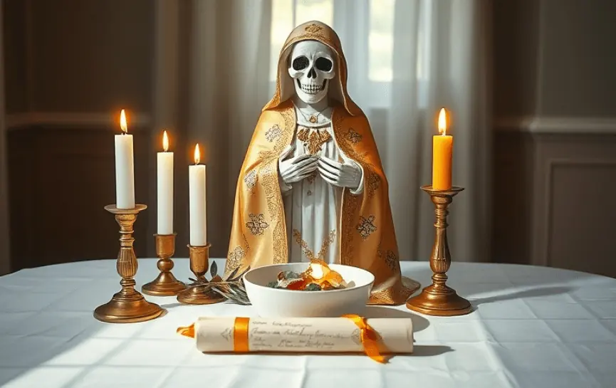 Oración a la Santa Muerte para Cruzar la Frontera: Estatua de la Santa Muerte con túnica dorada, sosteniendo un corazón en su pecho. Altar con velas encendidas, un bol con dulces de colores, un pergamino enrollado con cinta dorada y ramas verdes.