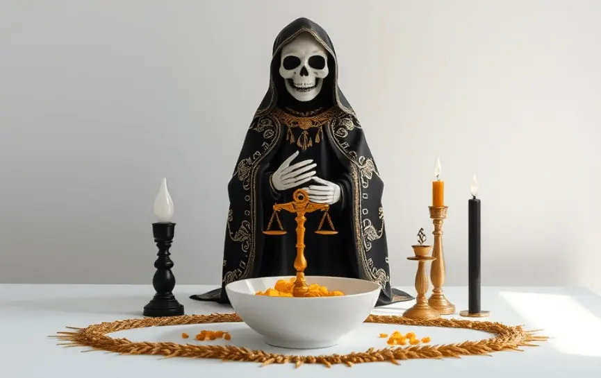 Oración a la Santa Muerte para Dominar a Mi Jefe: Figura de la Santa Muerte con manto negro y bordados dorados, frente a un recipiente blanco con decoración dorada. Una balanza dorada en el centro, velas negras y doradas, y un diseño de espigas alrededor completan el altar, en un entorno limpio y elegante.