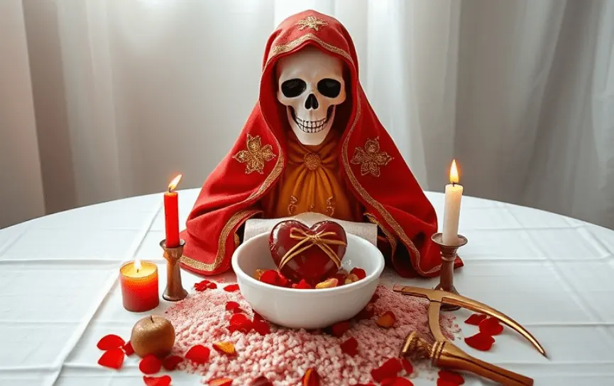 Oración a la Santa Muerte para Dominar a Mi Pareja: Estatua de la Santa Muerte con manto rojo y detalles dorados, sosteniendo un corazón atado con listón dorado, colocado en un bol con pétalos rojos y sal rosa, acompañada de velas encendidas en un elegante altar.