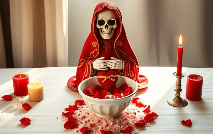 Oración a la Santa Muerte para Dominar a una Mujer: Estatua de la Santa Muerte con manto rojo bordado, sosteniendo un corazón atado frente a un bol con pétalos y sal. Velas encendidas rodean el altar con pétalos rojos dispersos.