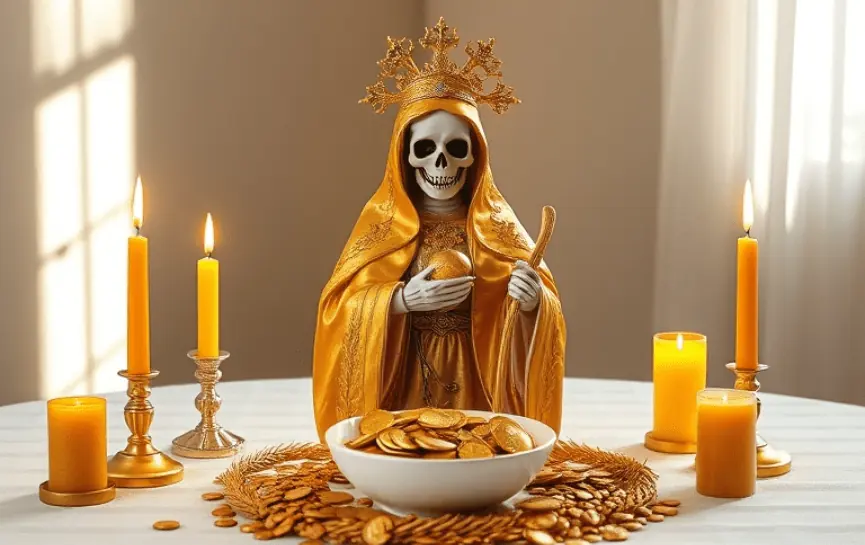 Oración a la Santa Muerte para Ganar la Lotería: Estatua de la Santa Muerte con manto dorado y corona, sosteniendo un lingote dorado sobre un recipiente con monedas doradas, acompañada de velas amarillas encendidas y elementos decorativos en tonos dorados.