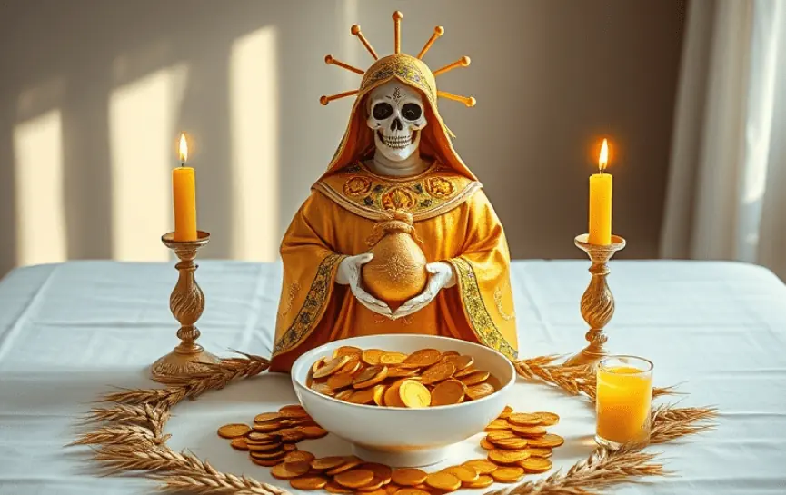 Oración a la Santa Muerte para Pedir Dinero:
Estatua de la Santa Muerte Dorada con un frasco dorado en las manos, acompañada de velas encendidas y un bol repleto de monedas doradas decorado con espigas de trigo.