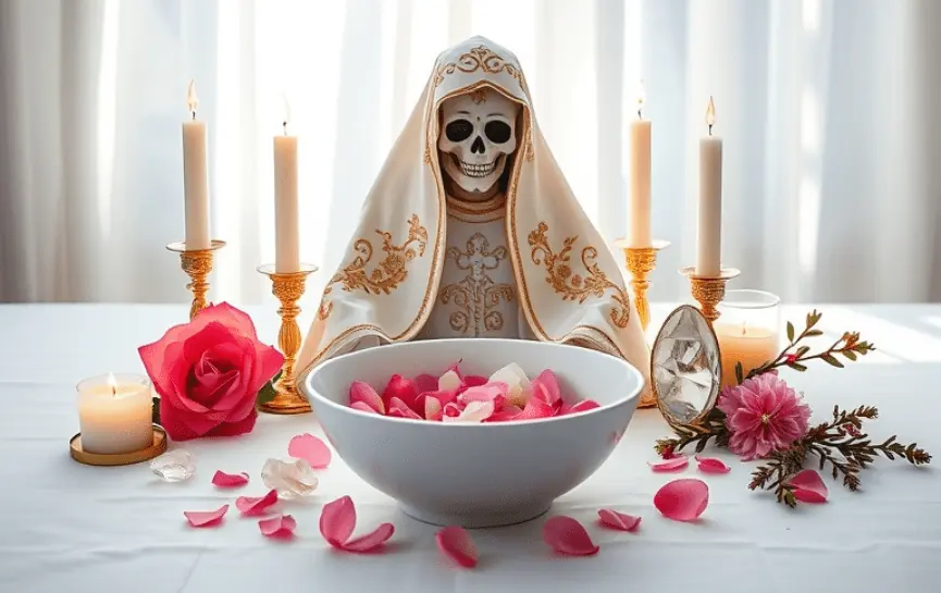 Oración a la Santa Muerte para Quedar Embarazada: Estatua de la Santa Muerte con túnica blanca decorada con dorado. Altar con velas encendidas, un bol lleno de pétalos de rosa, una vela pequeña y flores rosadas.